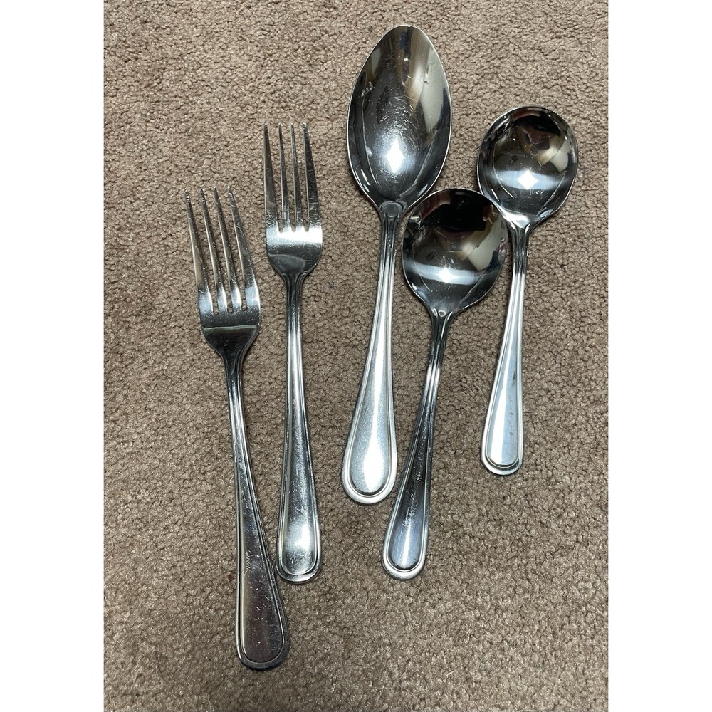 8 Piece Tress Style Stainless Serving Spoon &‎ Dinner Forks & Soup Spoons Vtg